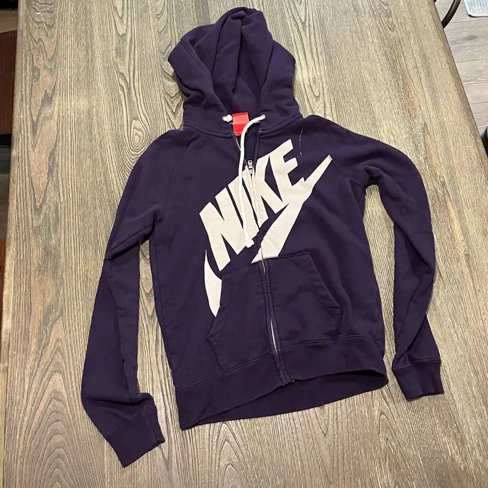 Nike Womens Full Zip Swearshirt Hoodie Spell Out Big Swoosh Plum Purple Small